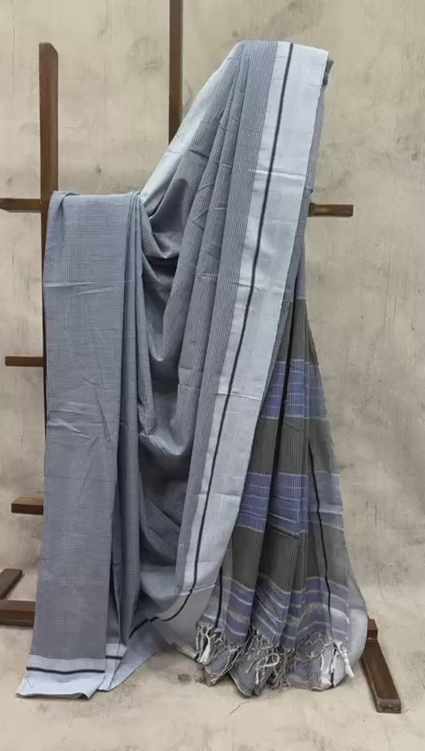 Sky Blue Small Checks Cotton Patteda Anchu Saree - SRSBPAS89