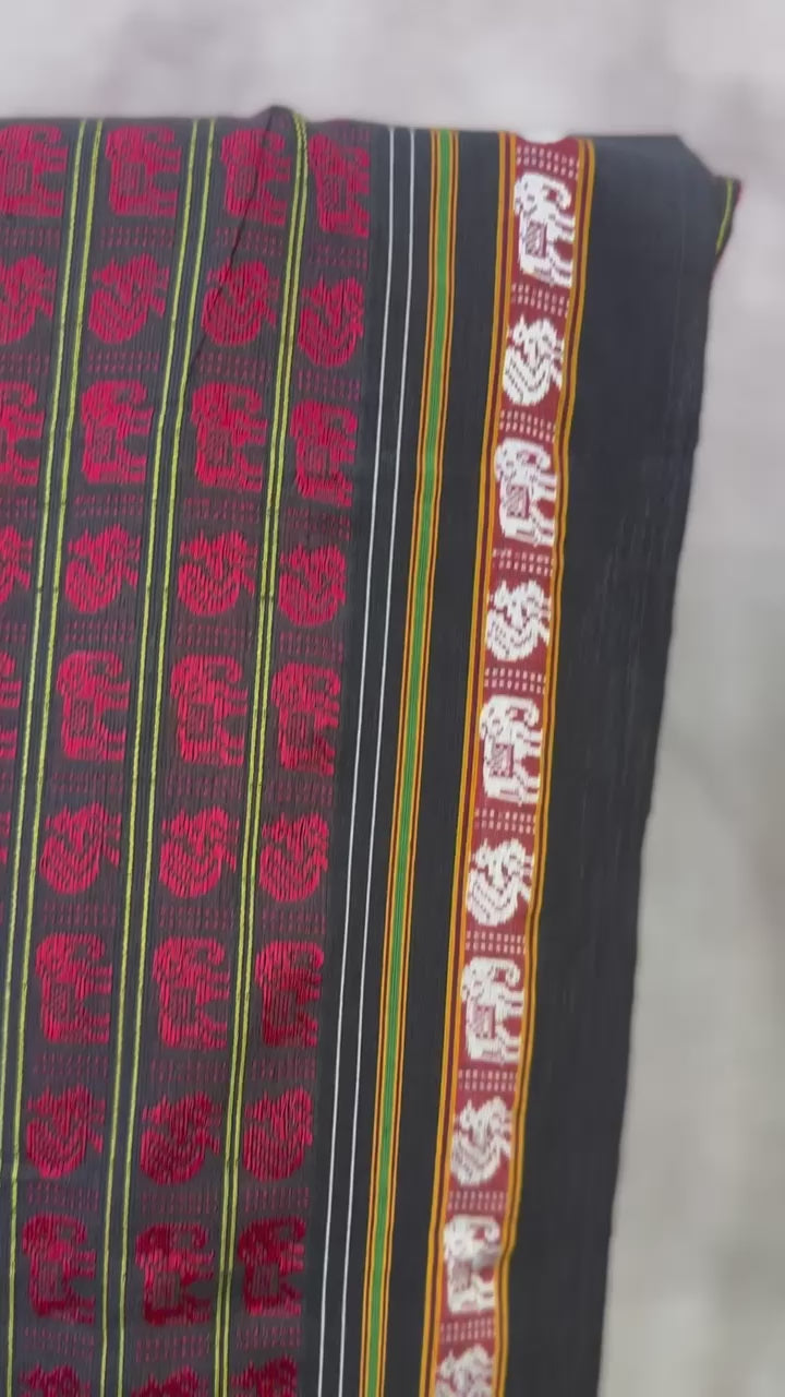 Black-Red Hathi Mor Khun Saree-SRBRHMKS31