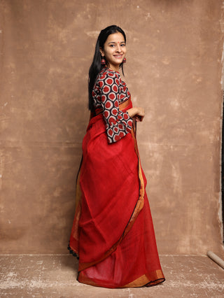 Plain Red Linen Saree With Golden Border-SRPRLS13(RD11)