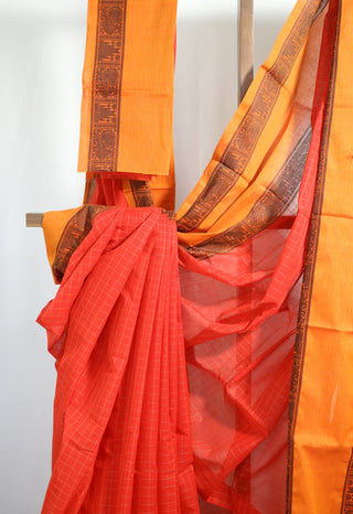 Red Orange Kanchi Cotton Saree With Checks