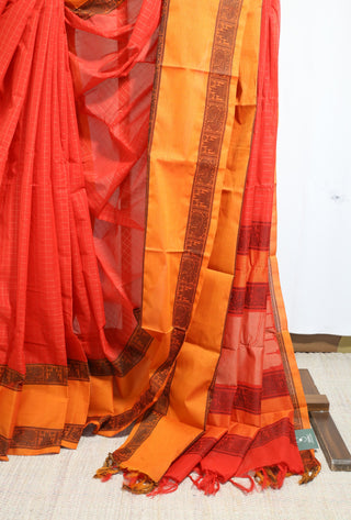 Red Orange Kanchi Cotton Saree With Checks