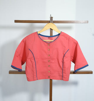 Boat Neck Plain Pink Cotton Blouse With Blue Piping