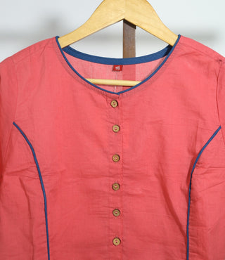 Boat Neck Plain Pink Cotton Blouse With Blue Piping
