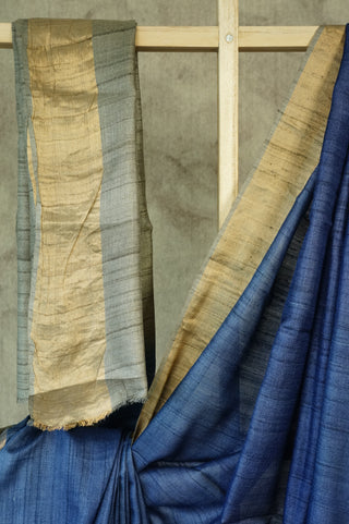Plain Royal Blue Tussar Silk Saree With Grey Pallu