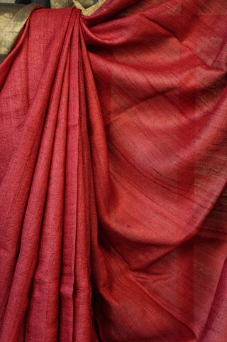 Plain Red Tussar Silk Saree With Golden Border