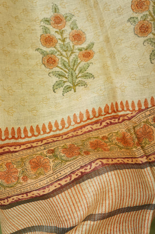 Beige HBP Tussar Silk Dress Material With Orange Flower