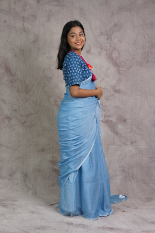 Powder Blue Mul Cotton Saree With Blue Tassels