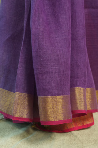 Purple Plain Linen Saree With Pink Tassels