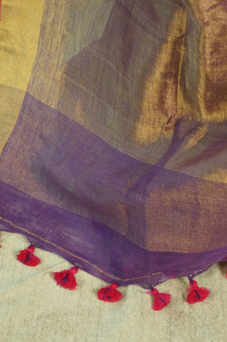 Purple Plain Linen Saree With Pink Tassels