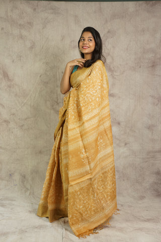Mustard Yellow Tussar Silk Saree With Leaf Print