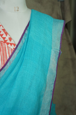 Plain Marine Blue Linen Saree With Silver Border - SRPMBLS17