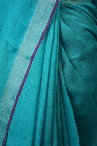 Plain Marine Blue Linen Saree With Silver Border - SRPMBLS17