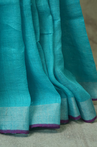 Plain Marine Blue Linen Saree With Silver Border - SRPMBLS17