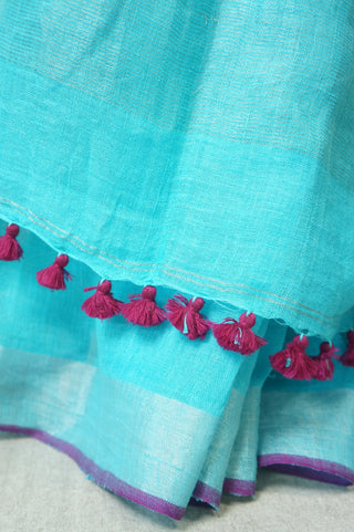 Plain Marine Blue Linen Saree With Silver Border - SRPMBLS17