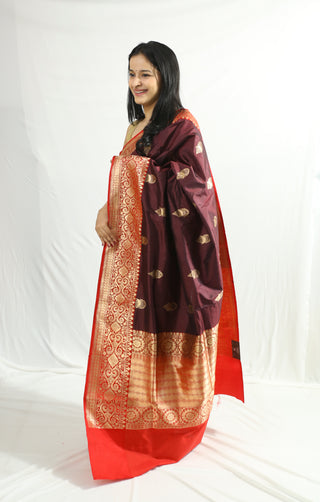 Burgundy Banarasi Silk Saree With Red Zari Border