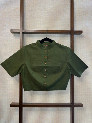 Stand Collar Olive Green Plain Cotton Blouse