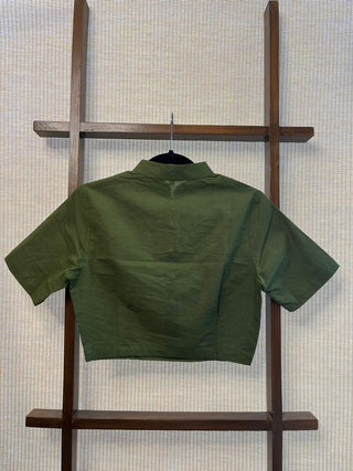 Stand Collar Olive Green Plain Cotton Blouse