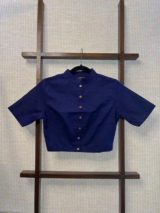 Stand Collar Navy Blue Plain Cotton Blouse