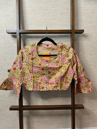 Yellow Floral HBP Cotton Blouse With Ruffle Sleeves