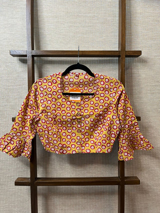 Red-Yellow HBP Cotton Blouse With Ruffle Sleeves
