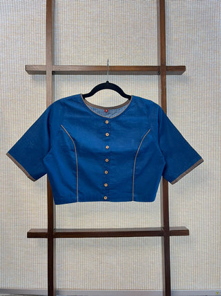 Boat Neck Ocean Blue Cotton Blouse With Grey Piping