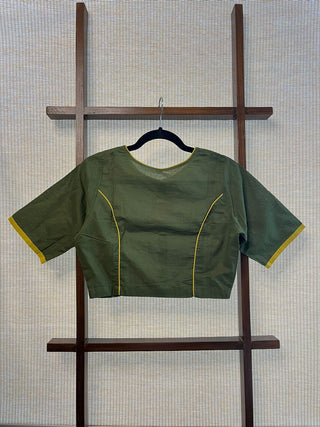 Boat Neck Olive Cotton Blouse With Yellow Piping