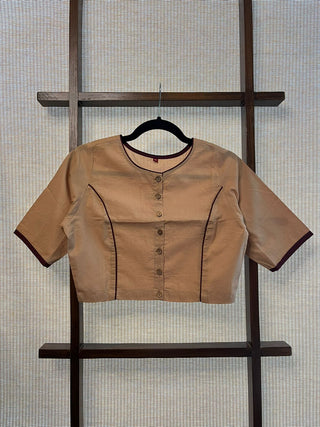 Boat Neck Plain Beige Cotton Blouse With Maroon Piping