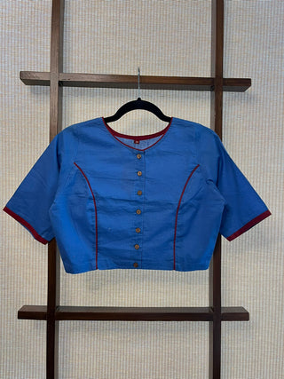 Boat Neck Iceberg Cotton Blouse With Red Piping