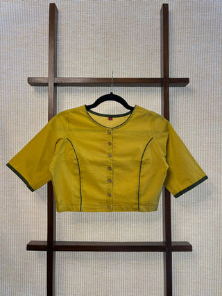 Boat Neck Plain Yellow Cotton Blouse With Green Piping