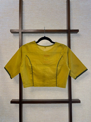 Boat Neck Plain Yellow Cotton Blouse With Green Piping