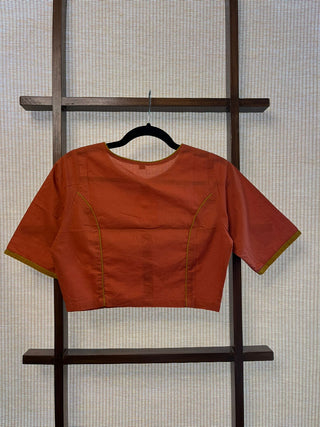 Boat Neck Plain Rust Orange Cotton Blouse With Yellow Piping