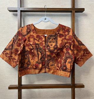 Rust Brown Hand Painted Kalamkari Cotton Blouse With Lord Print