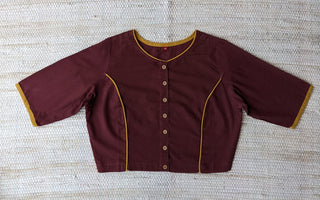 Boat Neck Maroon Plain Cotton Blouse With Mustard Yellow Piping