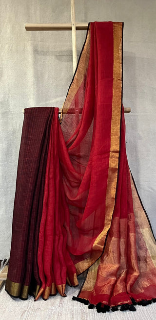 Plain Red Linen Saree With Golden Border-SRPRLS13(RD11)