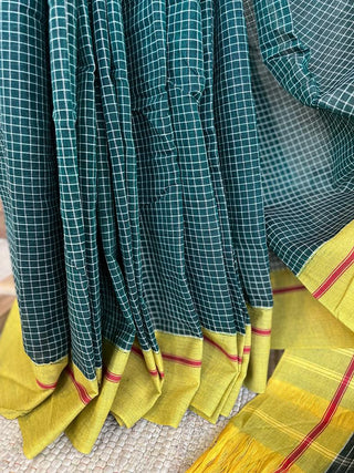 Bottle Green Big Checks Cotton Patteda Anchu Saree With Yellow Border