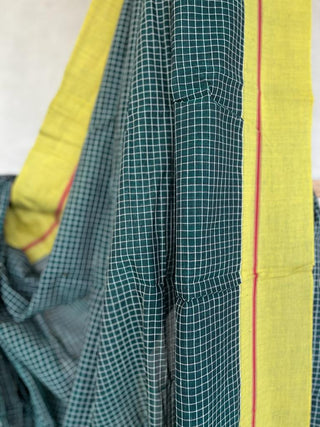 Bottle Green Big Checks Cotton Patteda Anchu Saree With Yellow Border