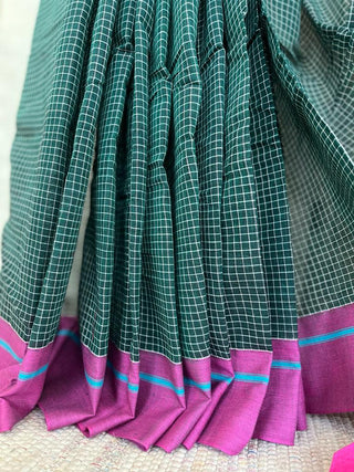 Bottle Green Big Checks Cotton Patteda Anchu Saree With Sky Blue-Pink Border