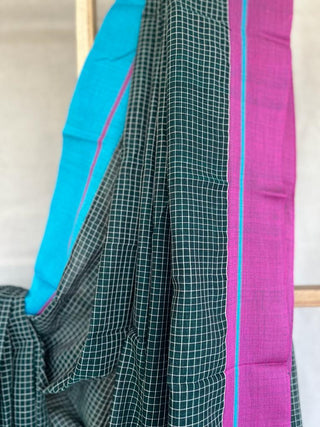 Bottle Green Big Checks Cotton Patteda Anchu Saree With Sky Blue-Pink Border