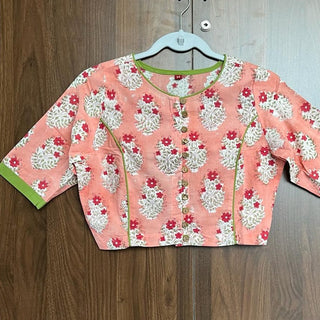 Boat Neck Pink HBP Cotton Blouse With Green Piping